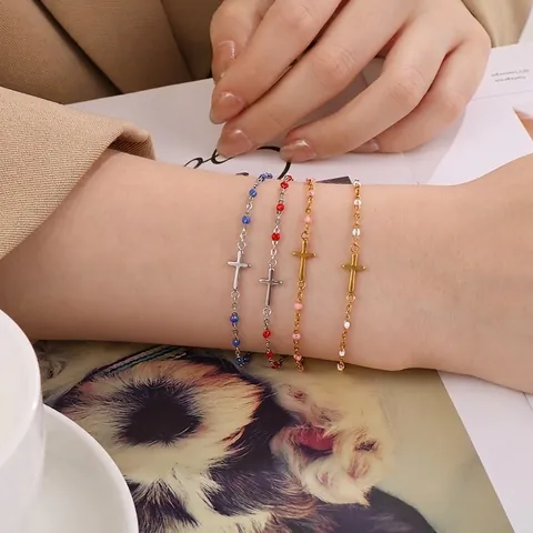 Stainless Steel Cross Pendant Beaded Bracelet With Colorful Resin Beads Minimalist Religious Jewelry For Women