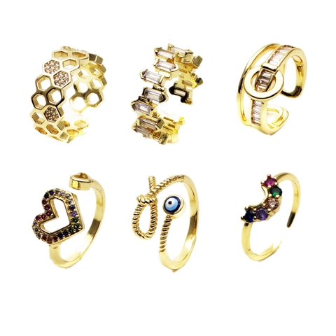 Luxus Kupfer Zirkonia Wabe Ring Offen Verstellbar Herz Auge Schnalle Fingerring Vergoldet Mikro Eingelegt Schmuck Für Damen