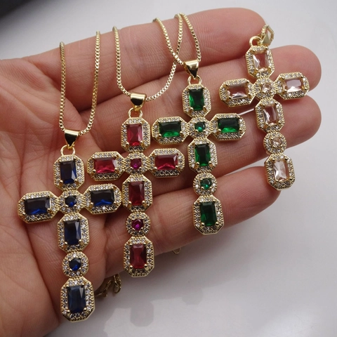Fashion Copper Zirconia Cross Pendant Necklace For Women Adjustable Box Chain Colorful Gemstone Clavicle Chain Jewelry Gift