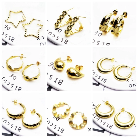 Fashion Brass Gold Plated Geometric Earrings For Women Minimalist C-Shaped Bow Water Drop Star Twist Textured Stud Earrings