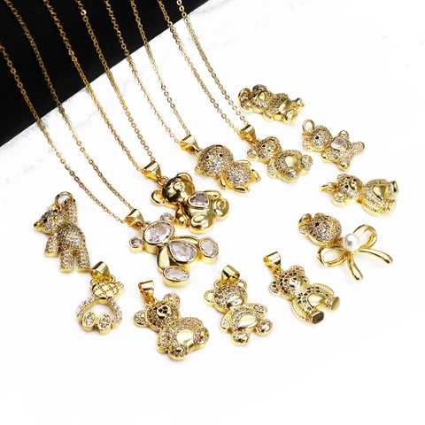 Collana con Ciondolo a Forma di Orso in Rame con Zirconi per Donna Ciondolo Testa di Orso Placcato Oro Gioielli di Moda Regalo