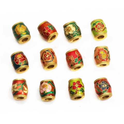 Vintage Brass Enamel Cloisonné Barrel Spacer Beads Flower Patterns For DIY Jewelry Making Gold Plated Accessories