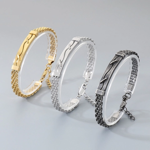 Pulsera Trenzada de Acero Inoxidable para Hombre de Negocios Patrón de Ondas Minimalista Placa Curvada Diseño de Doble Clavo