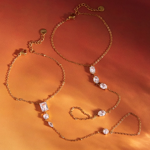 Pulsera de Cadena de Mano de Acero Inoxidable Geométrica Strass Oro Ring-Linked Bracelet Fashion Ins Style Joyería para Mujer
