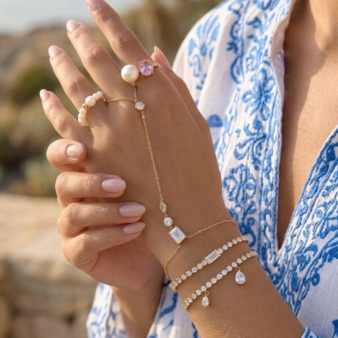 Pulsera de Cadena de Mano de Acero Inoxidable Geométrica Strass Oro Ring-Linked Bracelet Fashion Ins Style Joyería para Mujer