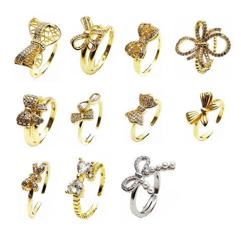 Eleganter Schleifen Knoten Offener Verstellbarer Ring Kupfer Vergoldet 14K Gold Mikro Eingelegtes Zirkonia Strass Für Damen Schmuck