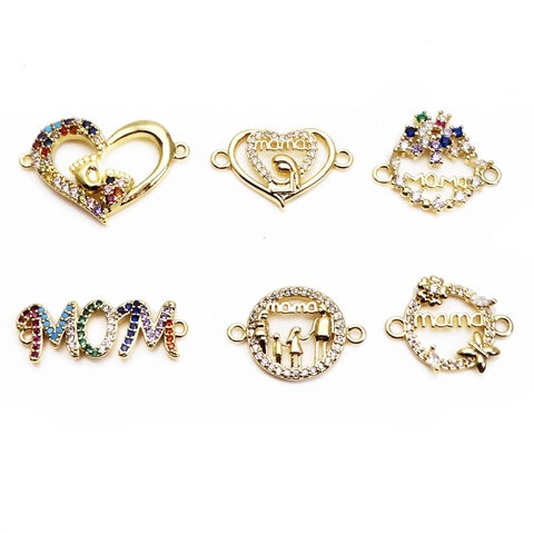 DIY Jewelry Making Zirconia MOM MAMA Letter Pendant Copper Gold Plated Heart Connector For Bracelet Necklace Mother Gift