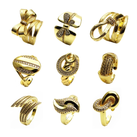 14k Vergoldet Kupferring Mikro-Eingelegter Zirkon Offen Verstellbar Schleife Geometrisch Knoten Welle Design Hochzeit Party Damen Schmuck
