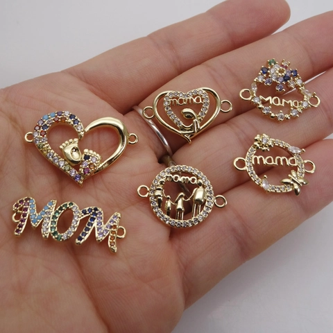 DIY Jewelry Making Zirconia MOM MAMA Letter Pendant Copper Gold Plated Heart Connector For Bracelet Necklace Mother Gift