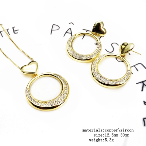 14K Gold Plated Copper Heart Geometric Jewelry Set For Women Shiny Zirconia Inlaid Earrings Necklace Box Chain Accessories