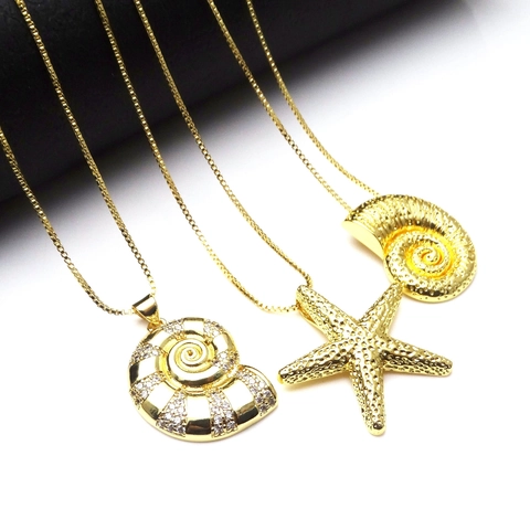 Vergoldeter Kupfer Mikro Zirkonia Meerschnecke Seestern Muschel Anhänger Kette Mode Ozean Meereslebewesen Schmuck Für Damen