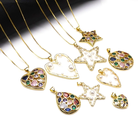 Mode Kupfer Zirkonia Herz Stern Anhänger Halskette Mit Künstlicher Perle Goldene Box Kette Bunter Schmuck Für Damen