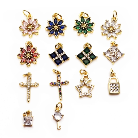 Galvanisierte Kupfer Zirkonia Anhänger DIY Schmuck Charms Blumen Herz Kreuz Stern Schloss Schlüssel Zubehör Für Handgemachte Ketten