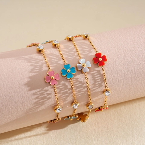 Exquisita Pulsera de Flor de Acero Inoxidable Circonia para Mujer Chapado en Oro Concha Incrustada Dulce Moda Elegante Joyería Regalo