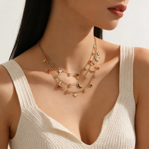 Titanium Staal Vergulde Emaille Hart Sleutel Maan Ster Hanger Halsketting Voor Vrouwen Gelaagde Strass Sleutelbeenhalsketting Sieraden