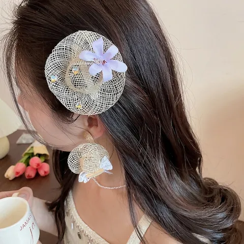 Ensemble de Bijoux Chapeau de Paille en Raphia Fait Main Boucles d'Oreilles Strass Fleur Tige Argent Pince Cheveux