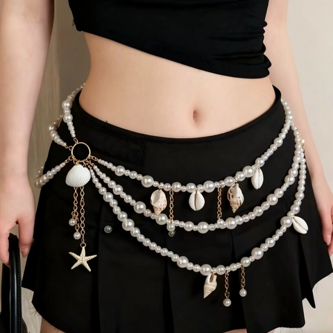 Damen Mode Strand Körperkette Mehrlagige Künstliche Perle Schnecke Muschel Seestern Taillenkette Metall Bauch Kette Schmuck