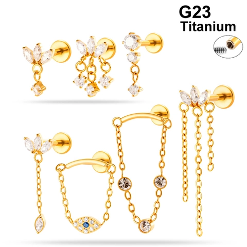 G23 Titanium Internal Threaded Labret Stud Rhinestone Tassel Chain Geometric Evil Eye Body Piercing Jewelry For Women Men