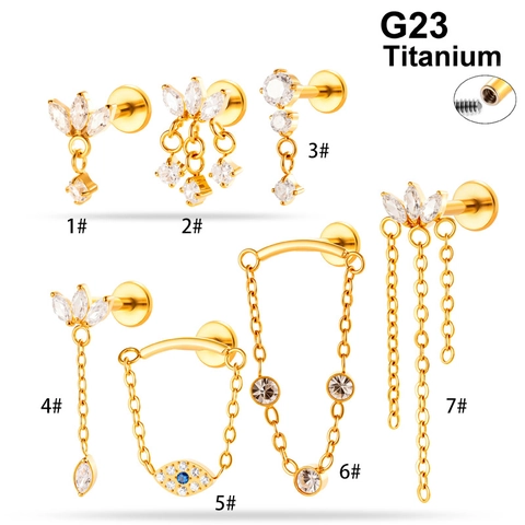 G23 Titanium Internal Threaded Labret Stud Rhinestone Tassel Chain Geometric Evil Eye Body Piercing Jewelry For Women Men