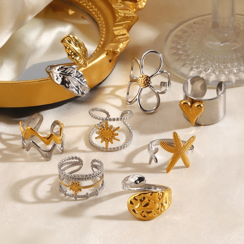 Zweifarbige Edelstahl Offene Ringe Für Damen Premium Nische Geometrische Blume Sonne Herz Seestern Verstellbare Fingerringe Schmuck