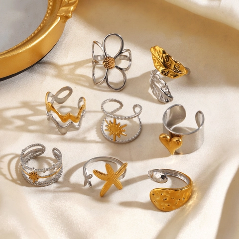 Zweifarbige Edelstahl Offene Ringe Für Damen Premium Nische Geometrische Blume Sonne Herz Seestern Verstellbare Fingerringe Schmuck