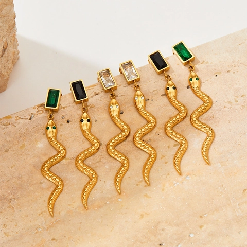 Snake Drop Earrings Stainless Steel Gold Silver Plated Rectangular Zircon Gemstone Animal Jewelry French Style For Women