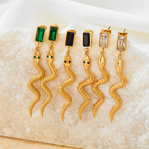 Snake Drop Earrings Stainless Steel Gold Silver Plated Rectangular Zircon Gemstone Animal Jewelry French Style For Women