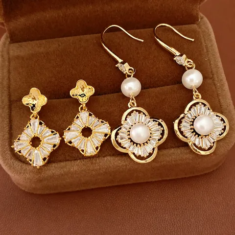 Luxury Copper Alloy Zirconia Artificial Pearl Flower Drop Earrings Vintage Elegant Lucky Clover Dangle Jewelry For Women