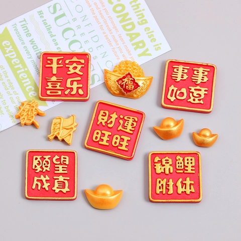 Mondneujahr DIY Harz Charms Für Schmuckherstellung Glücklicher Goldbarren Chinesische Schriftzeichen Flatback Für Haarklammern