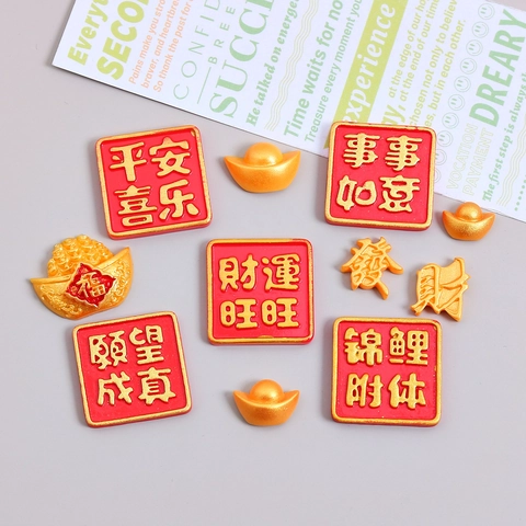 Mondneujahr DIY Harz Charms Für Schmuckherstellung Glücklicher Goldbarren Chinesische Schriftzeichen Flatback Für Haarklammern