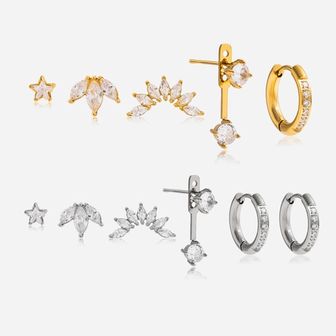Women Stainless Steel Zirconia Earring Set Waterproof Hypoallergenic Star Leaf Geometry Stud Hoop Earrings Fashion Jewelry