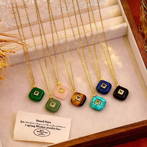 Stainless Steel Square Natural Stone Pendant Necklace Geometric Micro Inlaid Glass Gold Chain Jewelry For Women Gift
