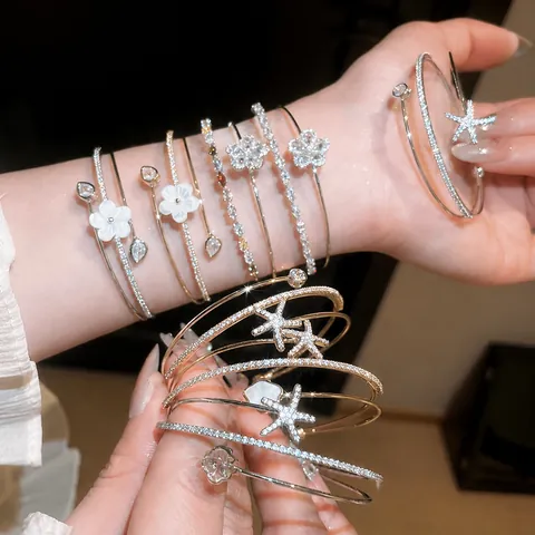 Light Luxury Zirconia Shell Flower Layered Open Bracelet For Women Elegant Gold Silver Plated Copper Starfish Bangle Jewelry
