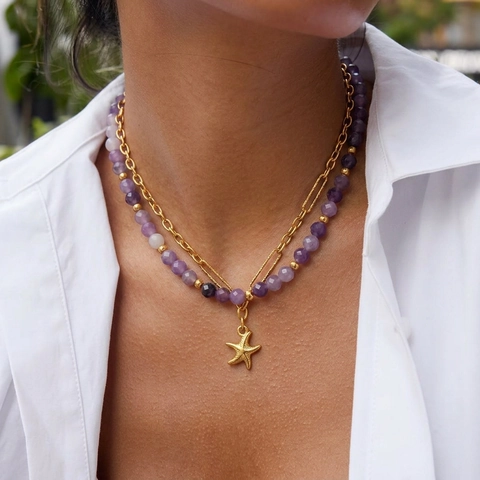 Double Layer Necklace 304 Stainless Steel Natural Stone Amethyst Lapis Lazuli Starfish Lobster Vintage Waterproof Jewelry