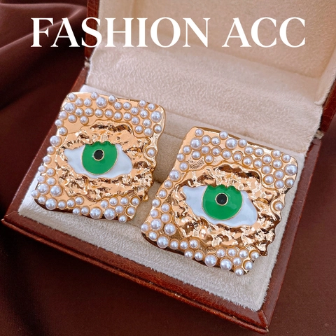 Pendientes de Botón de Aleación Vintage Ojo Turco Con Poste de Plata Chapado en Oro Perla Artificial Forma de Rombo Joyería de Esmalte para Mujer