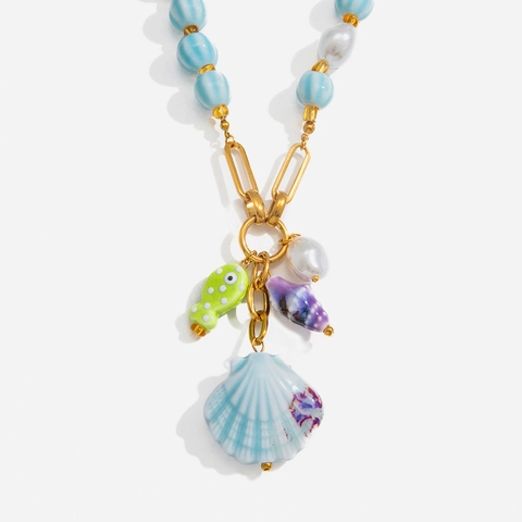 Stainless Steel Ceramic Seashell Marine Life Pendant Necklace For Women Artificial Pearl Sea Snail Fish Summer Beach Resort Jewelry