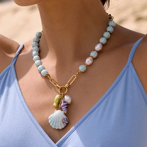 Stainless Steel Ceramic Seashell Marine Life Pendant Necklace For Women Artificial Pearl Sea Snail Fish Summer Beach Resort Jewelry