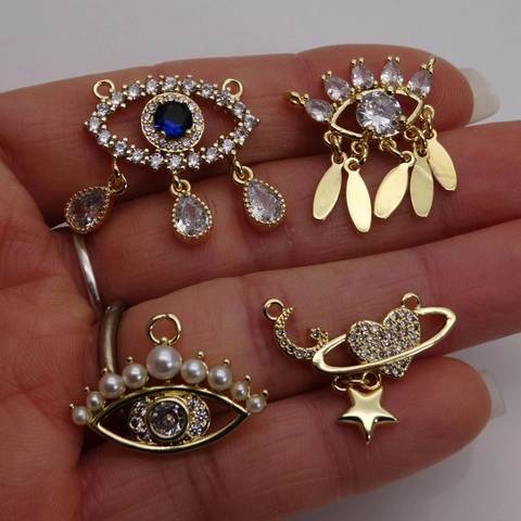 Copper Zirconia Evil Eye Pendant Only Artificial Pearl Inlaid Heart Saturn Galaxy Charm For Necklace Jewelry Making Women