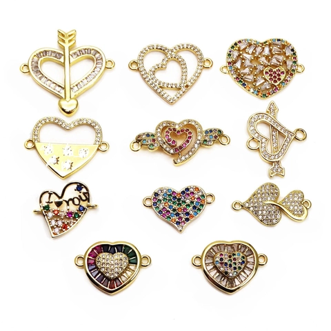 Kupfer Zirkonia Herz Armbandverbinder Gold Überzogen Mikro Pave Herz An Herz DIY Schmuckherstellung Zubehör Handplattenbeschläge