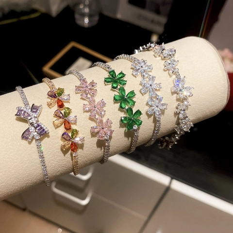 Pulsera de Flores de Cobre Chapado en Oro 18K Circonia de Lujo para Mujer Vintage Ajustable Bolo Link Chain Regalo Joyería Elegante