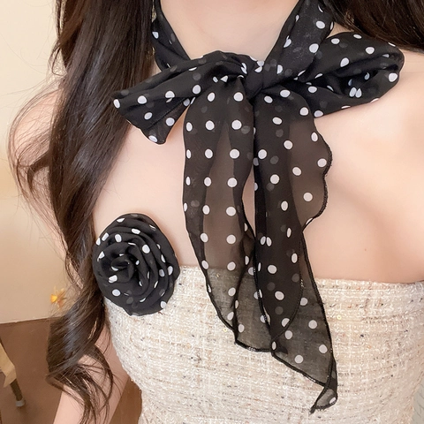 Vintage Polka Dot Lange Sjaal Ketting Voor Vrouwen Elegante Roos Bloem Chiffon Lint Hals Accessoire Mode Handgemaakte Sieraden