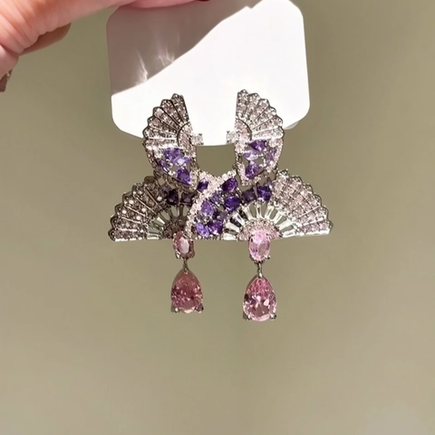 Vintage Fan Tassel Zirconia Earrings For Women Copper 925 Sterling Silver Post Retro Ethnic Style Drop Earrings Jewelry
