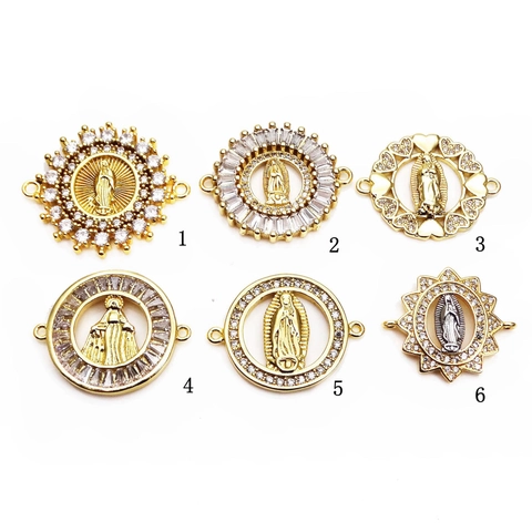 Colgantes Conectores de Cobre Religioso Virgen María Micro Pavé Circonia para Fabricación de Pulseras Collares DIY Joyería Católica