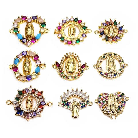 Charmes Connecteurs Vierge Marie pour Fabrication de Bijoux DIY Zirconia Coloré Incrusté Cuivre Plaqué Or Liens Religieux