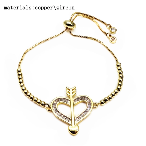 Gold Micro Pave Zircon Heart Bracelet For Women Adjustable Pull Chain Cupid Arrow Wings Colorful Gemstone Fashion Jewelry Gift