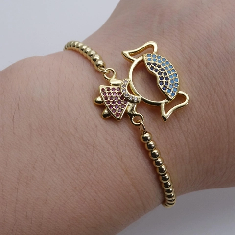 Gold Plated Copper Zircon Cartoon Boy Girl Adjustable Slider Bracelet Women Kids Cute Character Charm Box Chain Jewelry