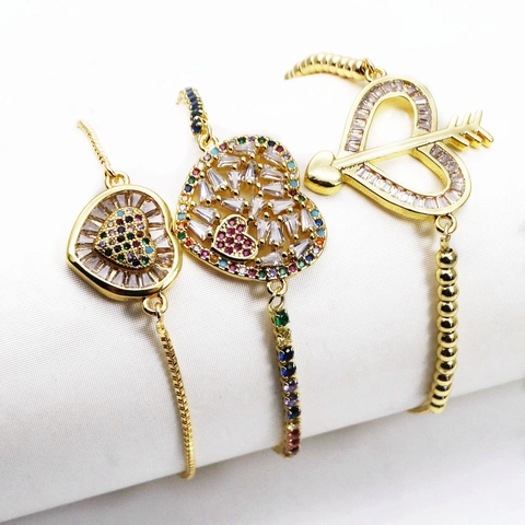 Gold Micro Pave Zircon Heart Bracelet For Women Adjustable Pull Chain Cupid Arrow Wings Colorful Gemstone Fashion Jewelry Gift