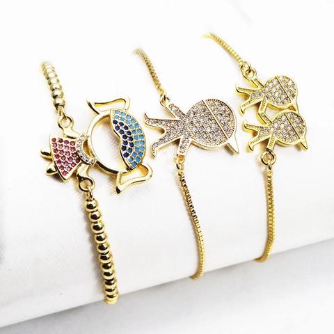 Gold Plated Copper Zircon Cartoon Boy Girl Adjustable Slider Bracelet Women Kids Cute Character Charm Box Chain Jewelry