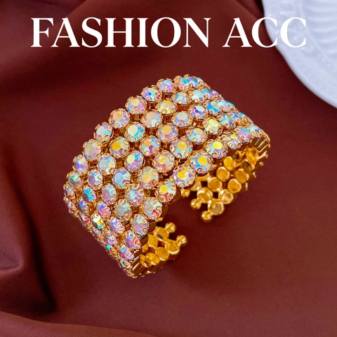 Fashion 5 Row Rhinestone Inlaid Open Bangle For Women Luxury Gold Plated AB Colorful Crystal Cuff Bracelet Jewelry Gift