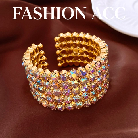 Fashion 5 Row Rhinestone Inlaid Open Bangle For Women Luxury Gold Plated AB Colorful Crystal Cuff Bracelet Jewelry Gift